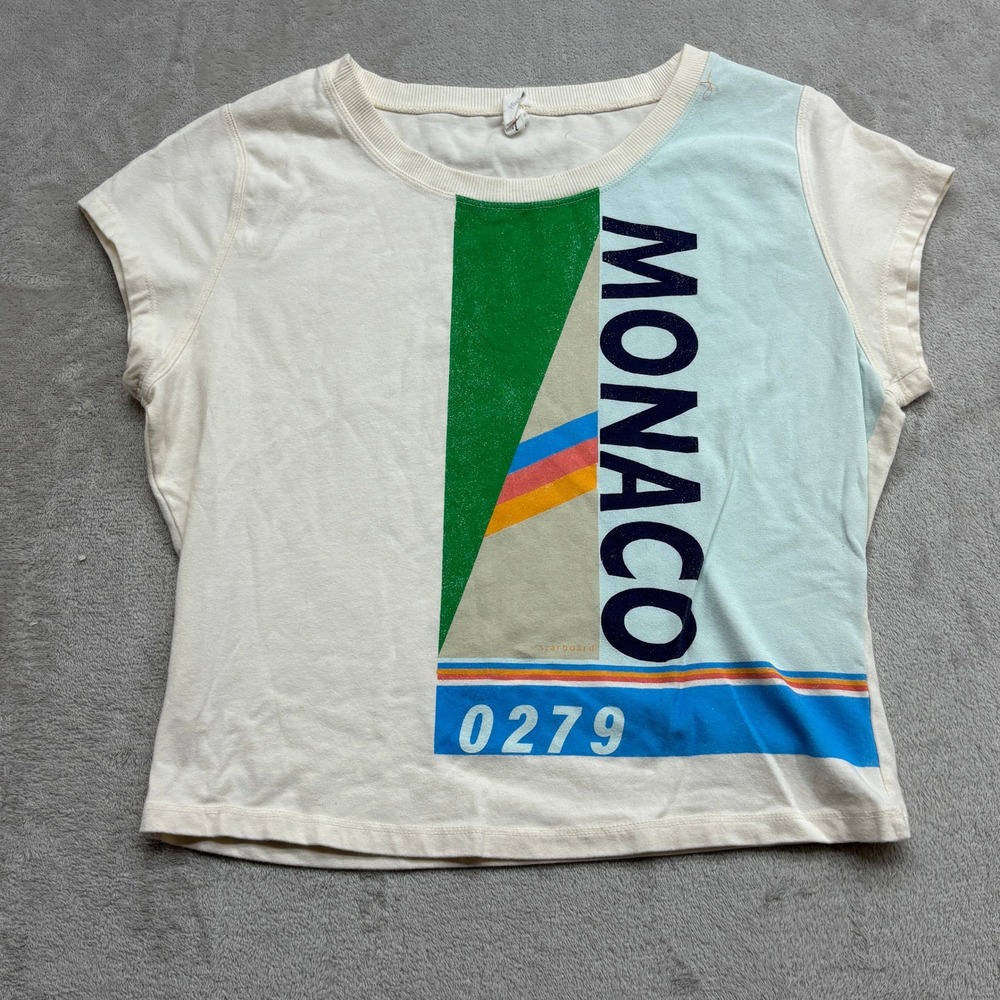 Daily Practice Graphic Tee Womens M Cream Monaco Short Sleeve Crop Retro Sporty